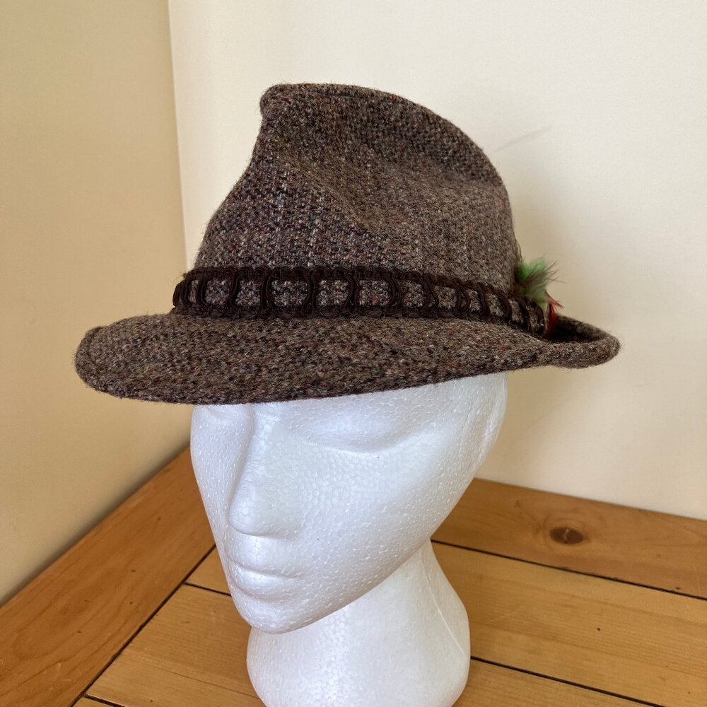 Brown Tweed Fedora Hat with Feather Hatband Vintage Made in USA Size 6 7/8